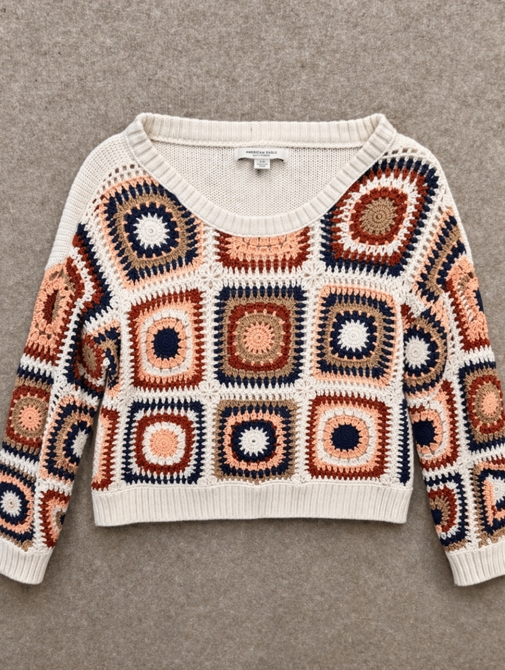 American Eagle XS Crochet Granny Square Boho Cropped Sweater - Picture 2 of 10